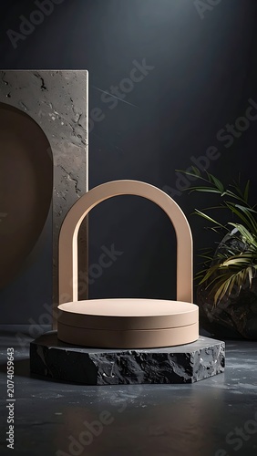 A minimalist wooden arch on a stone base