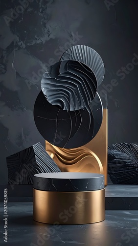 A modern abstract sculpture on a pedestal against a dark background