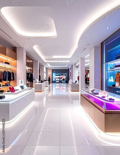 A modern and sleek retail store interior with white and gold accents