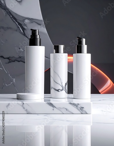 A modern arrangement of white cosmetic bottles on a marble surface