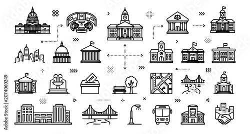 Tableau sur toile Government and civic icons set line art illustration for political legal and pub