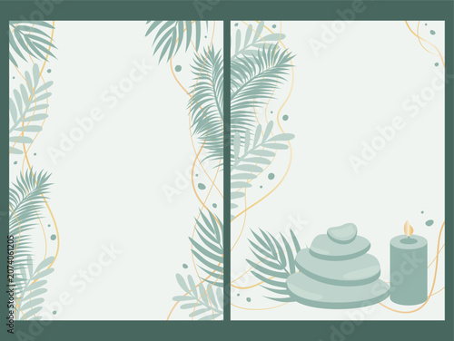 Photography Luxury tropical spa background with botanical palm leaves, zen stones and candle