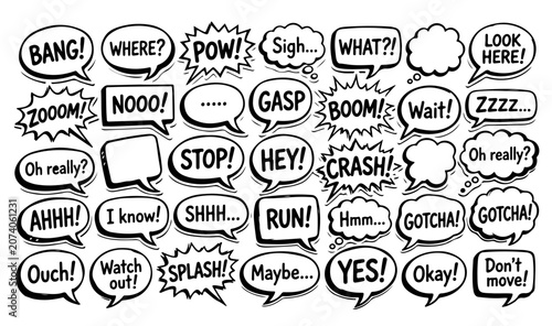 Fotografi Collection of hand drawn comic speech bubbles with various expressions on a whit