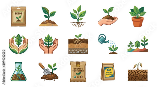Plant Growth and Cultivation Vector Icons for Gardening and Agriculture