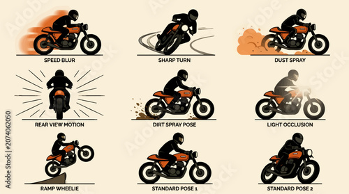 Foto Motorcyclist in Black Gear on Orange Cafe Racer Motorcycle, Vector Illustration