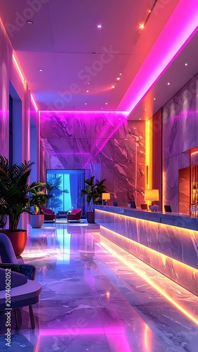A modern, brightly lit lobby with neon accents
