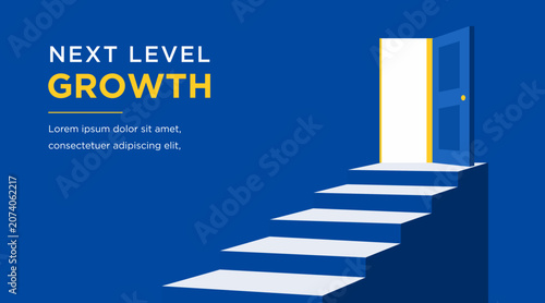 Schilderij op canvas Business growth opportunity vector with open door and stairs, modern blue banner template