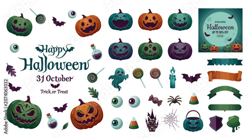 Vibrant Halloween Icon and Graphic Set with Spooky Pumpkins, Ghosts, and Festive Decorations