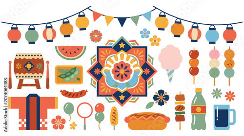 Foto Japanese summer festival food and decoration elements set.