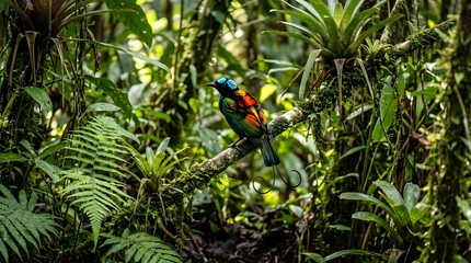 A vibrant bird perches on a branch amidst lush greenery and dense foliage in a tropical forest.