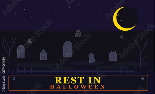 Haunted Graveyard Halloween Banner with Tombstones Dead Trees Ghosts and Full Moon — Dark Spooky Vector Illustration
