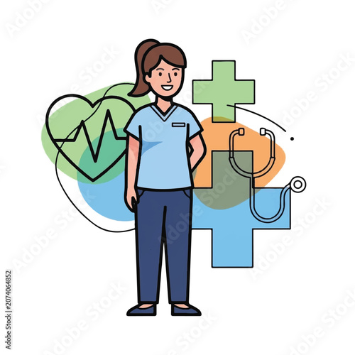 Female nurse character with medical symbols.