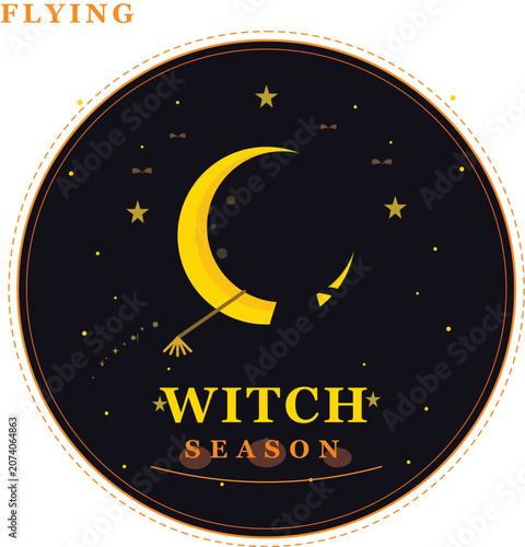 Flying Witch Silhouette Halloween Badge with Full Moon Bats and Sparkle Stars — Night Sky Vector Illustration
