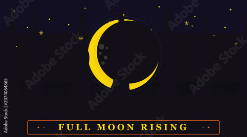 Full Moon Rising Halloween Silhouette Banner with Dead Forest Owl and Bats — Night Sky Dark Vector Illustration
