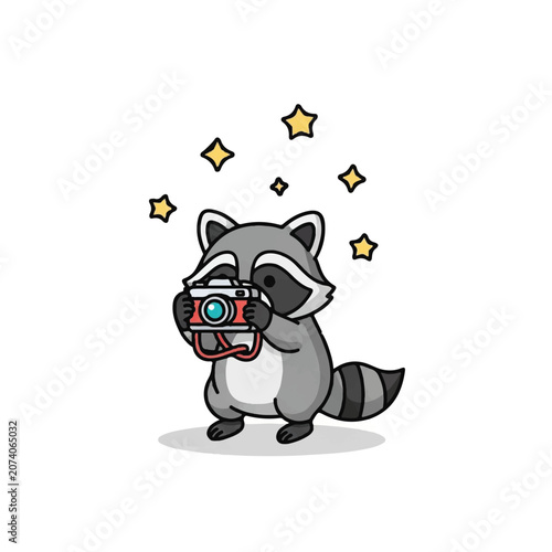 Raccoon Holding Retro Style Camera.