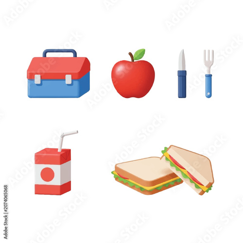 School lunch items including a lunchbox apple juice box sandwiches and cutlery.