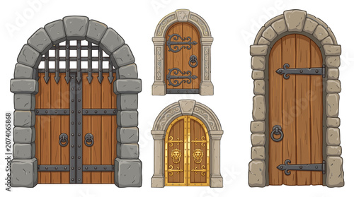 Set of cartoon medieval wooden doors with stone arches