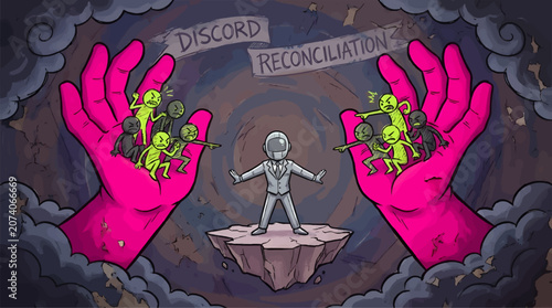 Bild auf Leinwand Mediator in Suit on Floating Rock Resolves Conflict Between Angry Stick Figures
