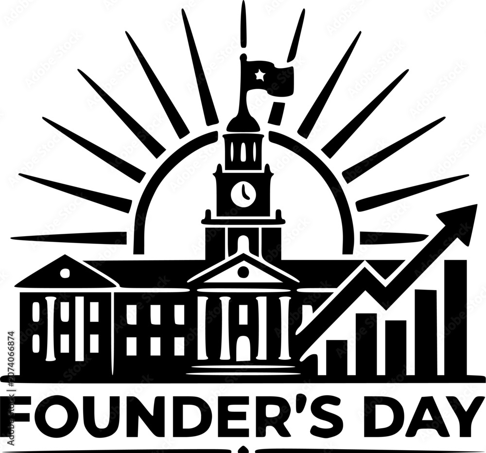 Obraz premium Founder's Day logo design with historic building, clock tower, sunburst rays, and growth arrow chart, black and white badge for business heritage and success