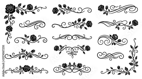 Set of black rose floral swirl ornaments and decorative borders