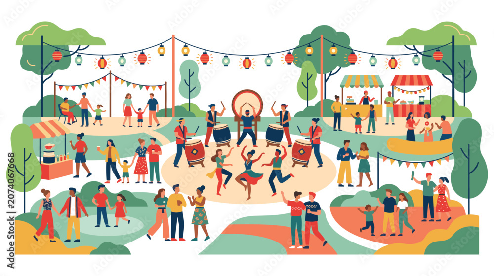 Fototapeta premium People enjoy an outdoor summer festival with music.