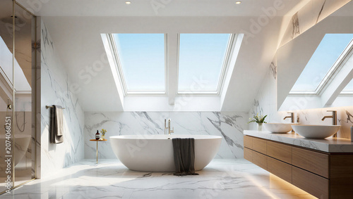 Cuadro en lienzo Luxurious modern bathroom with freestanding tub and skylights double sinks real