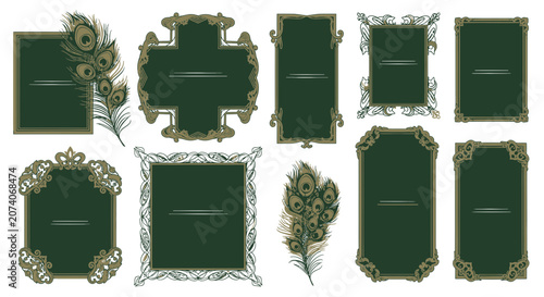 Ornate Frames and Peacock Feathers on White Background - Vintage Design Elements