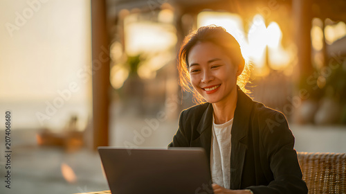 Smiling Asian woman working on laptop at beach resort representing digital nomad lifestyle