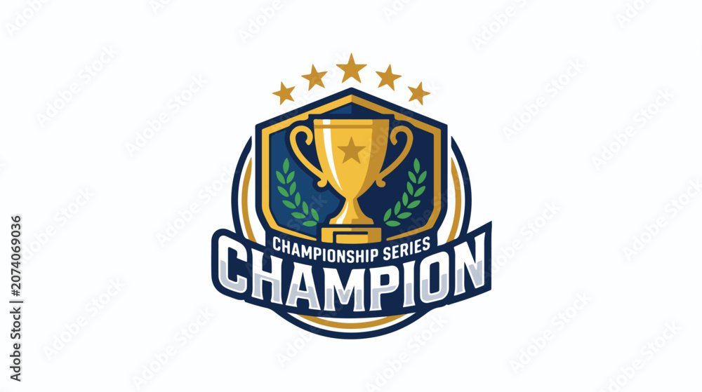 Fototapeta premium Champion sports logo featuring a gold trophy with three stars on a blue and gold shield with laurel leaves