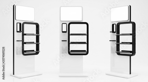 Glossy white and matte black acrylic retail display shelf with a built in lightbox on top and 3 shelves perfect for showcasing products in stores and shopping malls. Modern design ideal for branding.