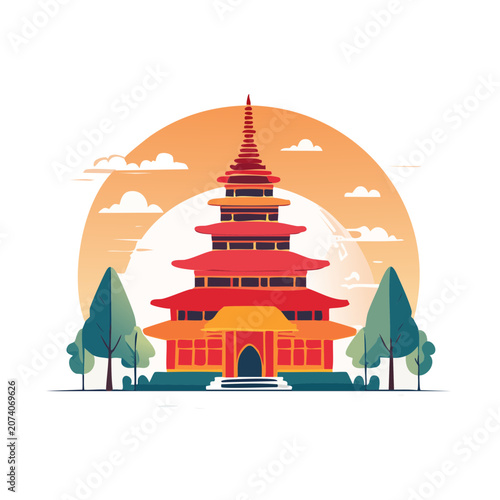 Traditional East Asian Pagoda Temple Flat Vector Illustration