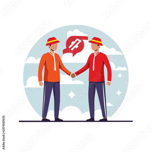 Two construction workers shaking hands with dollar sign speech bubble