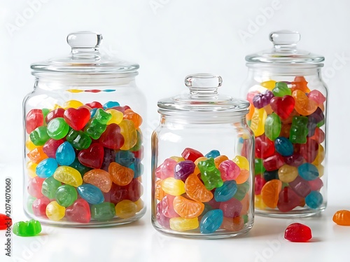 Colorful gummy candies in glass jars on white background.