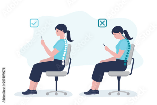 Photos Educational image demonstrates contrast between proper and improper sitting postures while using smartphone