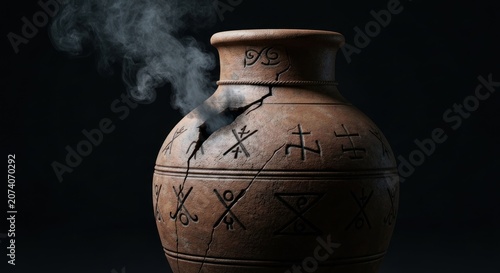 Ancient clay pot, cracked and smoking, engraved with glyphs