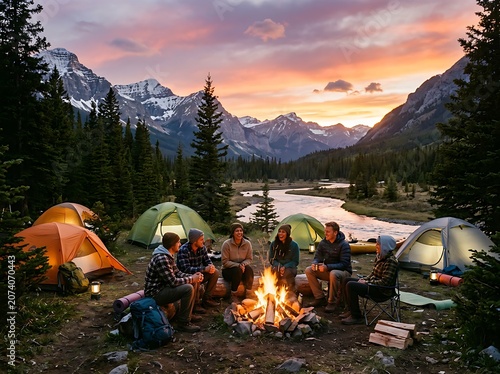 Friends camping by fire with mountain backdrop at sunset.