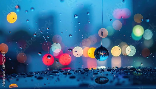 Rainy night cityscape through wet window.