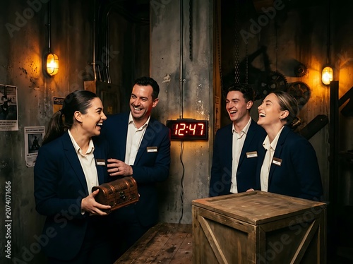Four business professionals in a meeting room discussion.