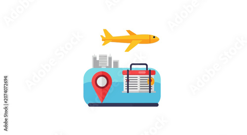 Travel luggage with airplane and map.