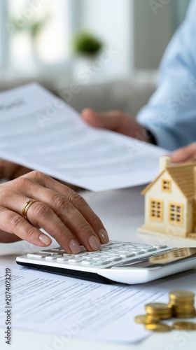 Hands operating calculator with mortgage forms and wooden house model with stacked coins for mortgage calculation and home finance planning background