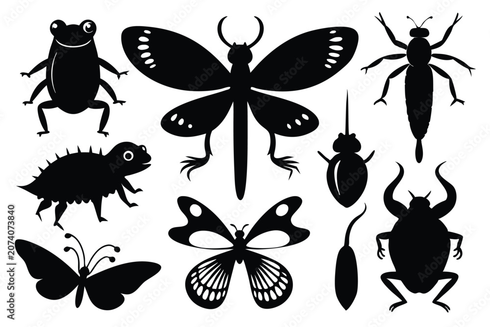 Fototapeta premium Black silhouettes of various insects and other creatures for nature educational design projects