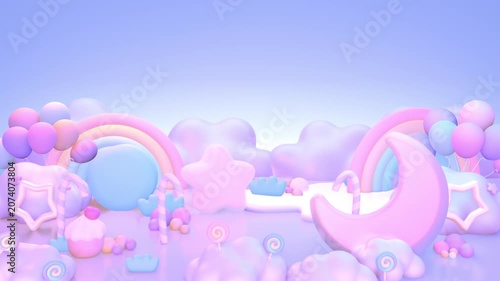 Dreamy pastel candy garden with rainbows, moons, balloons, candy canes, lollipop, cupcakes, and cream ponds animation. (loop)