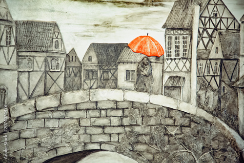 a close up view of a beautiful black and white wall mural painting showing old houses with green ivy plant and a couple standing on a stone bridge under a bright red umbrella