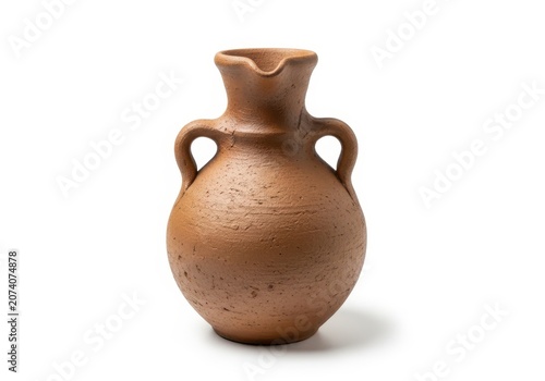 Ancient clay jug with two handles on side view