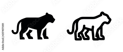 Photography Panther or puma icon, minimalist vector illustration of a wild big cat silhouette in solid and outline styles