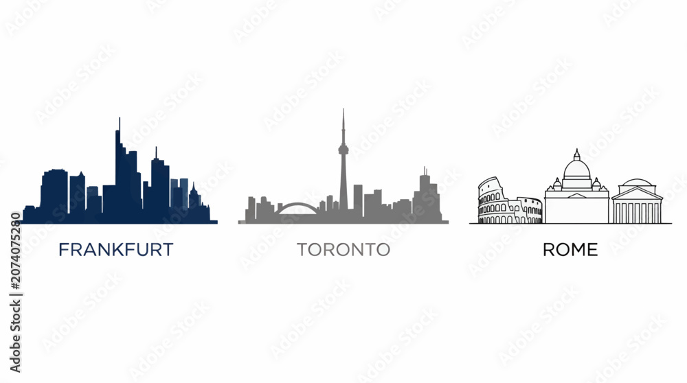 Obraz premium Flat Design City Skylines: Frankfurt, Toronto, and Rome Landmarks on White Background, Vector Illustration