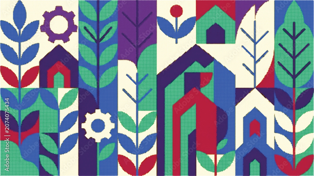 Fototapeta premium Vibrant abstract garden scene with houses and plants in bold colors
