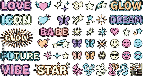 Quadro su tela Y2K sticker vector pack with colorful trendy words and symbols