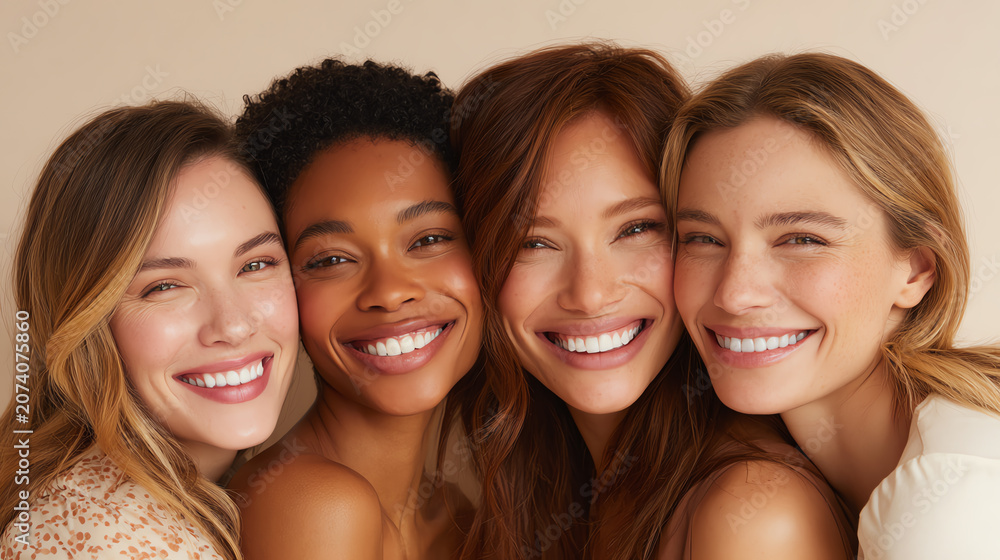 Fototapeta premium Four diverse women smile joyfully together, showcasing friendship, happiness, and unity in a warm, inviting setting.