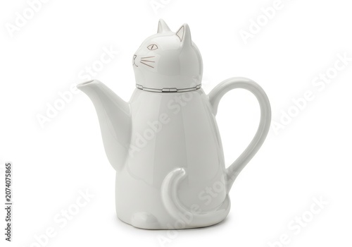 White ceramic cat shaped teapot with handle and spout on side